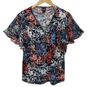 Coco Bianco Multicolor Floral Flutter Sleeve Zip Front Blouse V-Neck